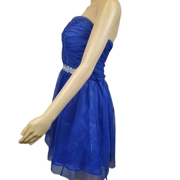 Lily Rose Brand Blue Strapless Knee Length Tule Rhinestone Size 9 Formal Dress - Picture 3 of 10